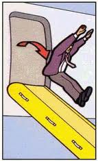 Illustration of man in sportcoat and with tie exiting an airplane via the emergency exit with slides deployed.