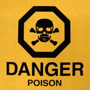 Danger Poison Warning Sign in Black Text and Symbols on Yellow ground